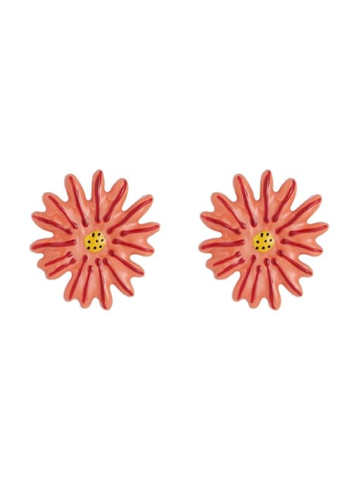 Small red flower earrings Brass Enamel Flower Minimalist Stud Earring