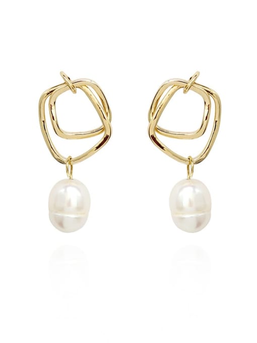 14K gold Ear Needle Brass Imitation Pearl Geometric Minimalist Drop Trend Korean Fashion Earring