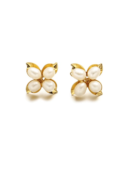 golden Brass Imitation Pearl Flower Minimalist Stud Earring
