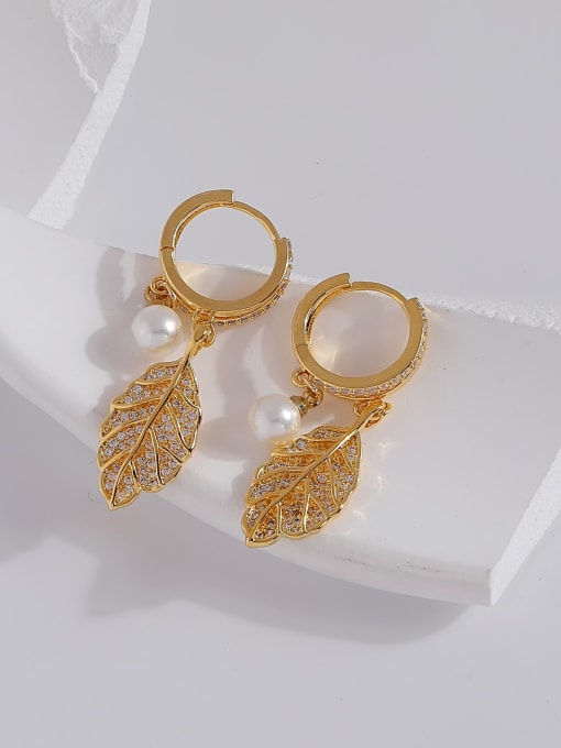 18k Gold Brass Cubic Zirconia Tree Leaf Minimalist Huggie Earring