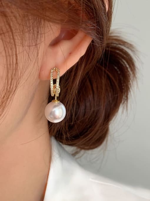 Gold E1064 Brass Imitation Pearl Geometric Dainty Drop Earring