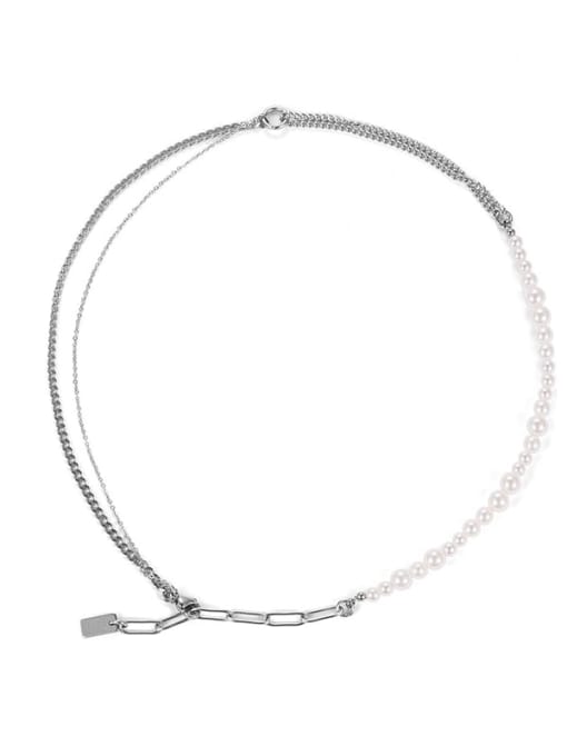 TINGS Titanium Steel Imitation Pearl Geometric Minimalist Multi Strand Necklace