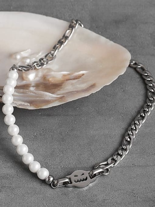 TINGS Titanium Steel Imitation Pearl Geometric Vintage Asymmetric chain  Necklace 3