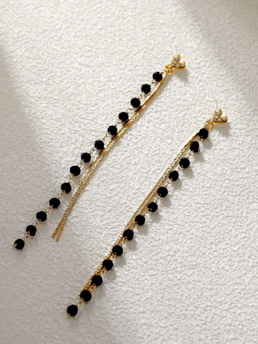 14k Gold Black Brass Cubic Zirconia Tassel Vintage Threader Earring