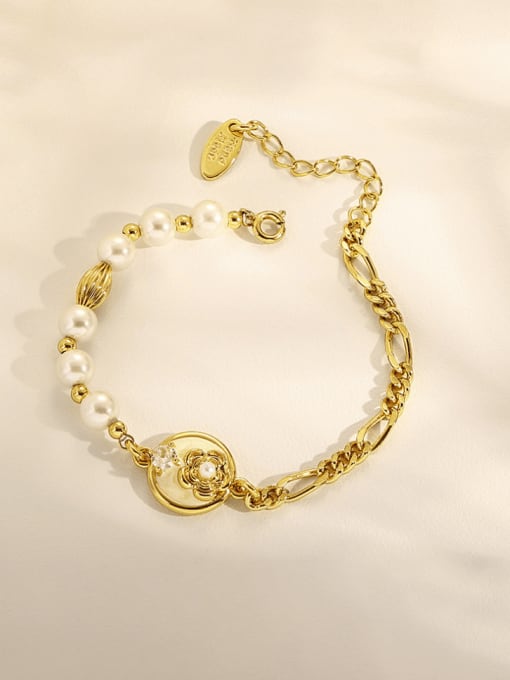 ACCA Brass Imitation Pearl Flower Hip Hop Asymmetrical Chain Beaded Bracelet 1