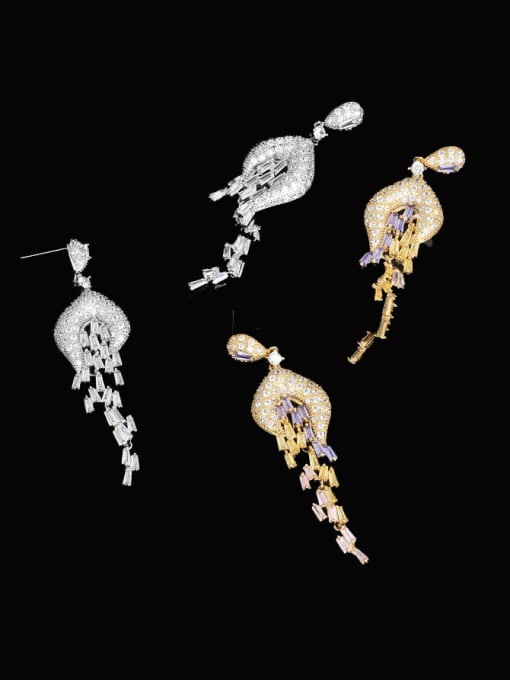 OUOU Brass Cubic Zirconia Tassel Luxury Cluster Earring 0