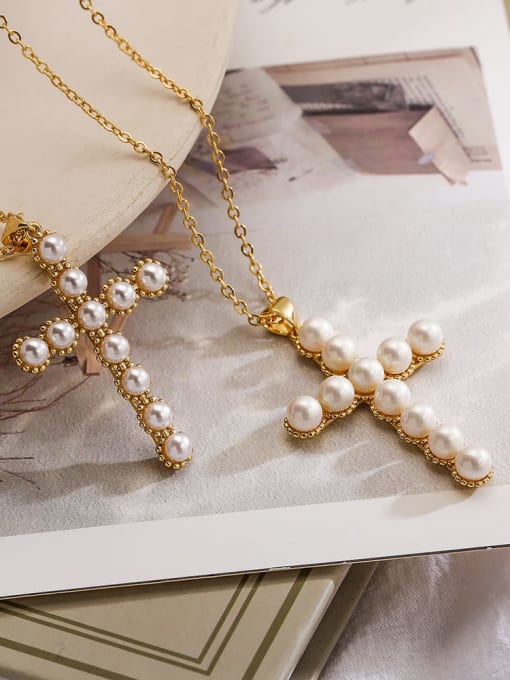 AOG Brass Imitation Pearl Cross Trend Necklace 1