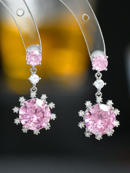Steel color powder ED66215 Brass Cubic Zirconia Pink Flower Dainty Drop Earring