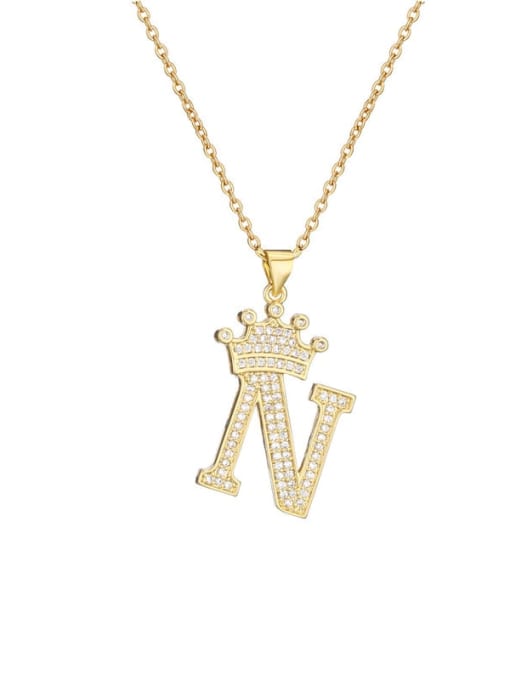 N Brass Cubic Zirconia Crown Vintage Letter Pendant Necklace