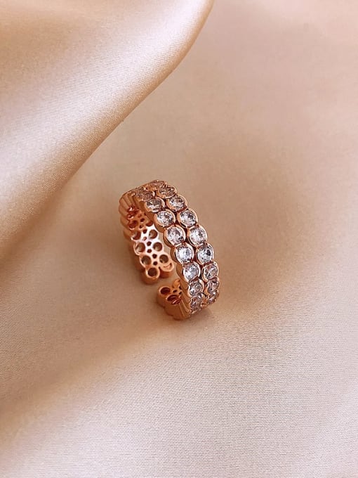 Rose Gold.Double Row Alloy+ Rhinestone White Star Trend Band Ring/Free Size Ring