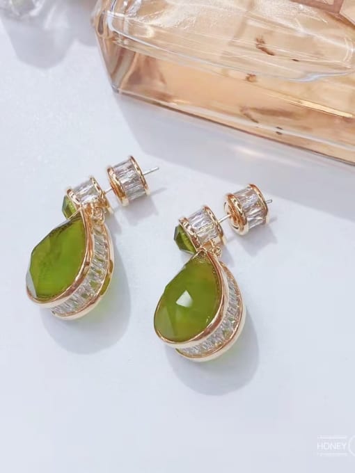 Olive yellow Brass Glass Stone Water Drop Luxury Drop Earring
