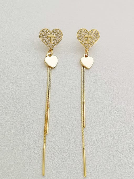 14K  gold Copper Heart  Cubic Zirconia Tassel Dainty Threader Trend Korean Fashion Earring
