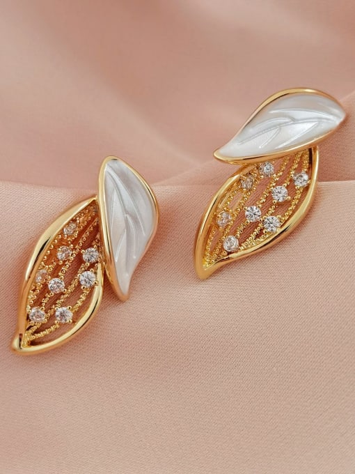 14k gold +white Brass Cubic Zirconia Enamel Hollow Leaf Trend Stud Earring