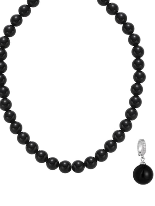 Black agate 8MM platinum buckle pendant Brass Imitation Pearl Geometric Vintage Beaded Necklace