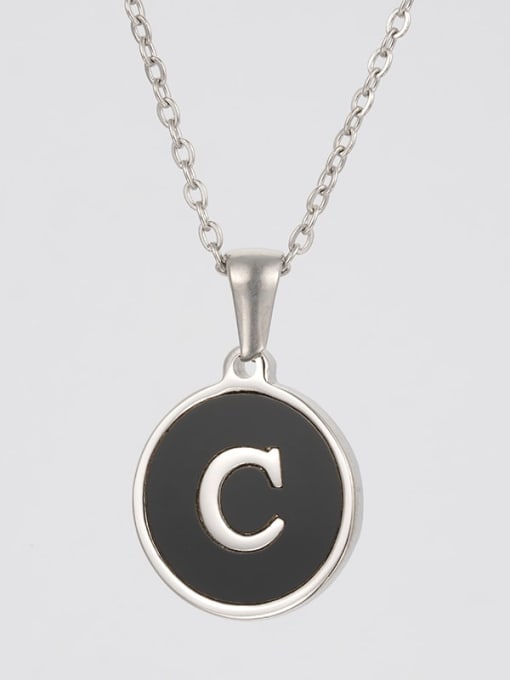 Steel black C Stainless steel Acrylic Letter Minimalist Round Pendant Necklace