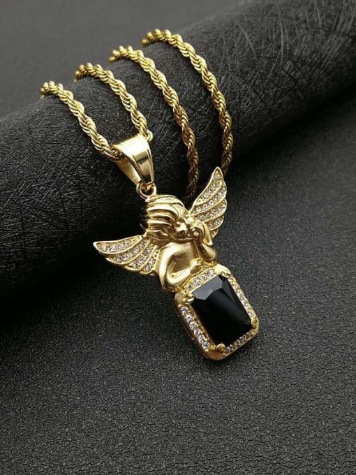 Gold Black Chain：3mm*61cm Titanium Steel Glass Stone Angel Vintage Necklace For Men