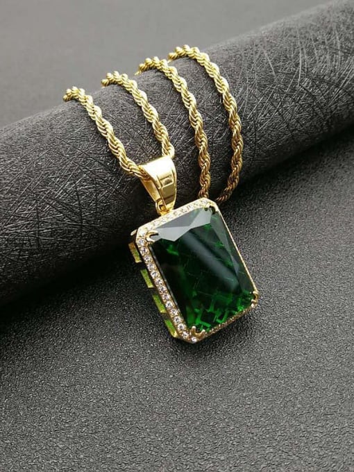 Gold green stone  necklace Titanium Vintage Geometric  Glass stone  Necklace For Men