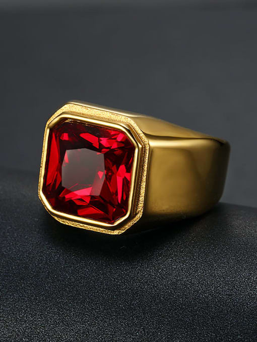 Golden red gem Titanium Glass Stone Geometric Vintage Solitaire Ring
