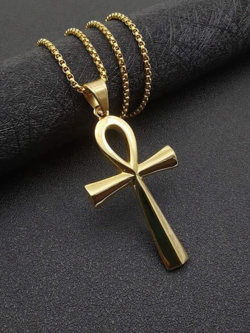 Gold large +Chain:3mm*61cm Titanium Steel Smooth Cross Vintage Necklace For Men