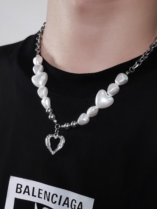 WOLF Titanium Steel Freshwater Pearl Heart Hip Hop Necklace 1