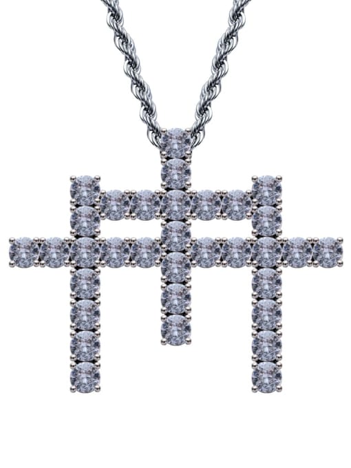 steel color+ Chain Brass Cubic Zirconia Cross Hip Hop Necklace