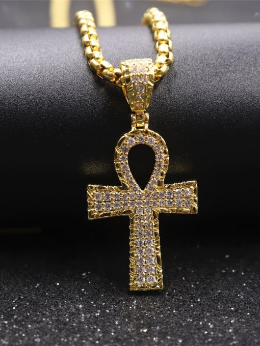 Gold white  Twist Chain Brass Rhinestone Cross Vintage Regligious pendant Necklace