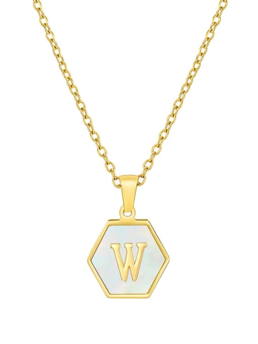 W Stainless steel  English Letter Minimalist Shell Hexagon Pendant Necklace