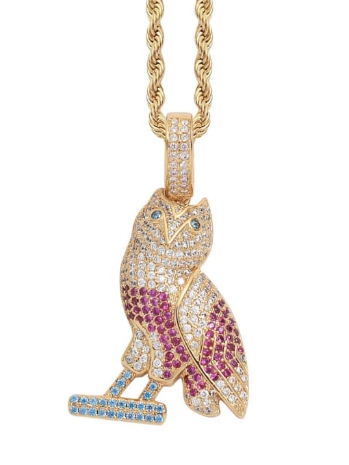 Golden +stainless steel twist chain Brass Cubic Zirconia Owl Hip Hop Necklace