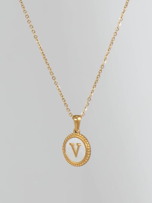 Golden V Titanium Steel Shell Letter Minimalist Round Pendant Necklace