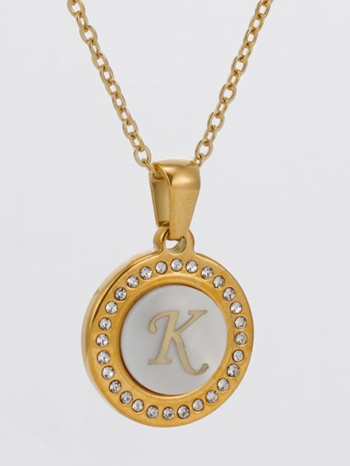 K Stainless steel Rhinestone  Minimalist Letter Round Pendant Necklace