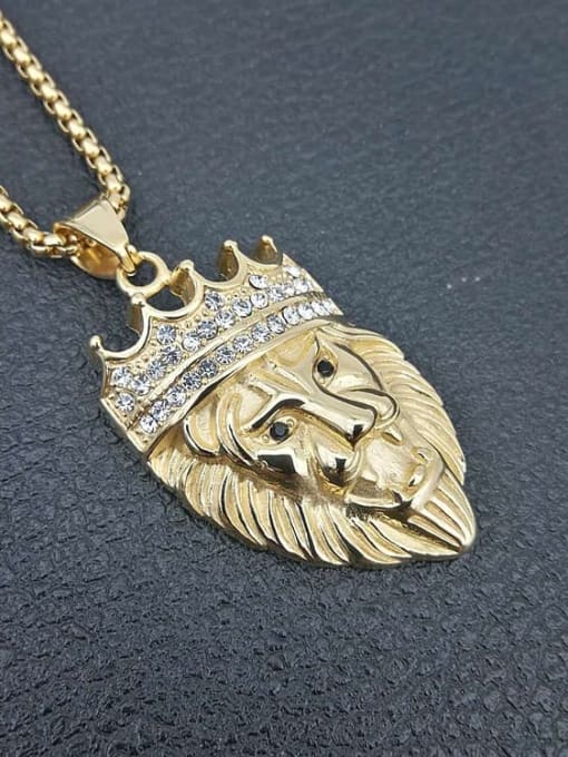 Gold Necklace Titanium  Lion Rhinestone Crown Hip Hop Necklace For Men