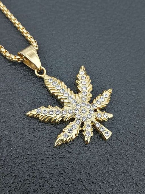 Gold single Pendant Titanium Rhinestone Leaf Hip Hop Necklace For Men