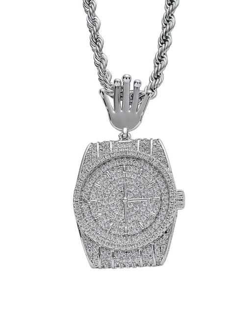 steel color+stainless steel twist chain Brass Cubic Zirconia Geometric Dial Hip Hop Necklace