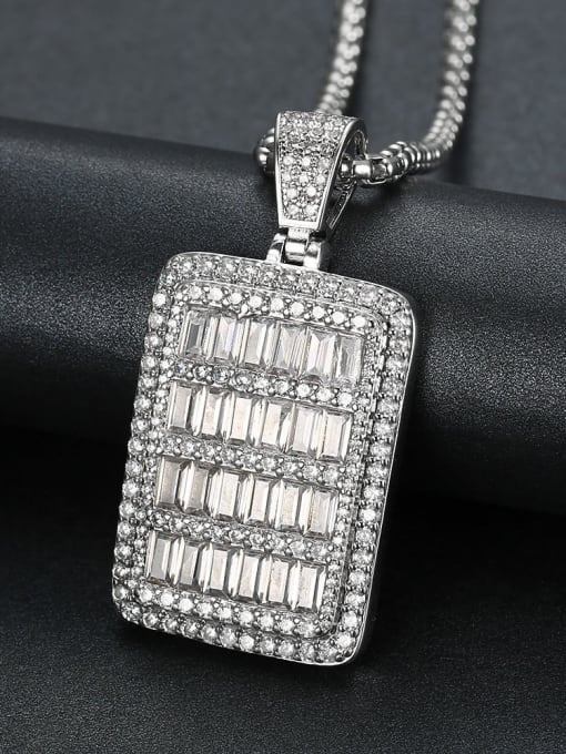 Silver with chain Copper Cubic Zirconia Rectangle Hip Hop Pendant  Necklace