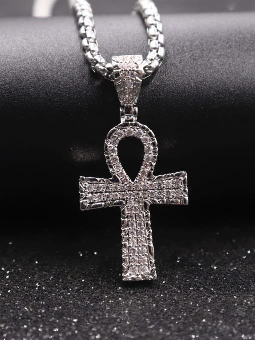 Silver with Twist Chain Brass Rhinestone Cross Vintage Regligious pendant Necklace