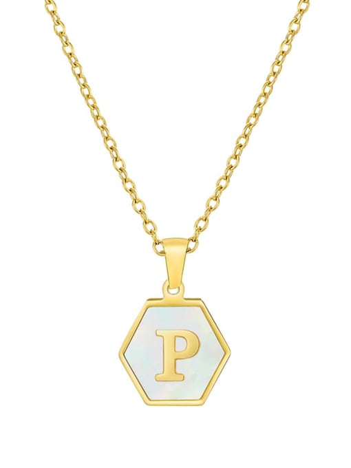 P Stainless steel  English Letter Minimalist Shell Hexagon Pendant Necklace