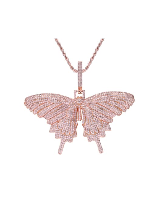 Pink +3mm stainless steel twist chain Brass Cubic Zirconia Butterfly Hip Hop Necklace
