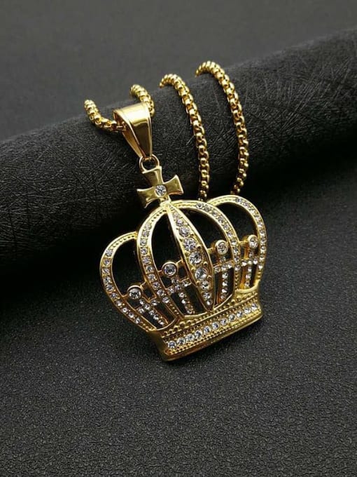Gold+Chain:3mm*61cm Titanium Steel Rhinestone Crown Vintage Necklace For Men