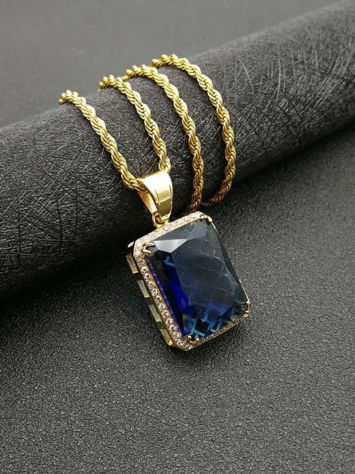 Gold Blue Stone  necklace Titanium Vintage Geometric  Glass stone  Necklace For Men
