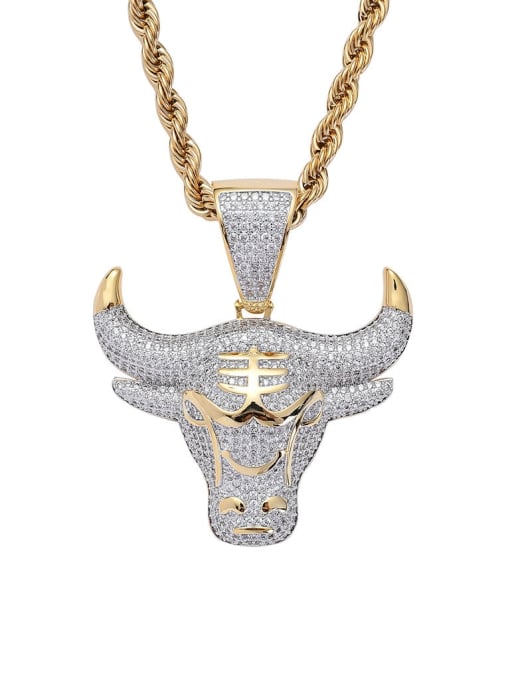 Bichromatic+ chain Brass Cubic Zirconia Bull head Hip Hop Necklace