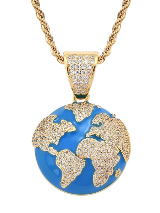 Gold+stainless steel twist chain Brass Cubic Zirconia blue earth Hip Hop Necklace