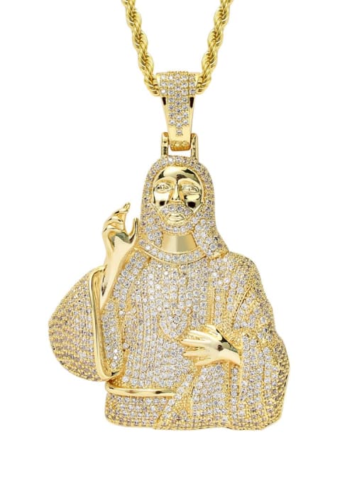 Gold +stainless steel chain Brass Cubic Zirconia Religious Hip Hop Necklace