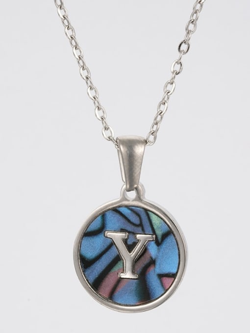 Steel color shell y Stainless steel Shell Letter Minimalist  Round Pendant Necklace
