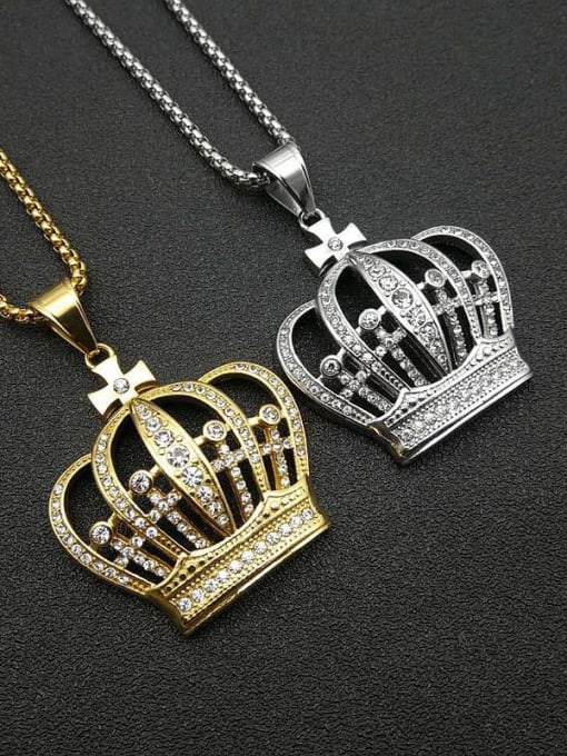 HI HOP Titanium Steel Rhinestone Crown Vintage Necklace For Men 0