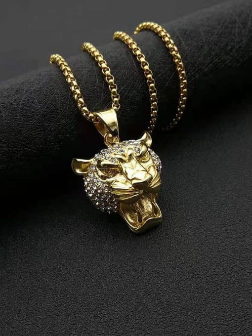 Diamond inlaid Chain+3mm*61cm Titanium Steel Rhinestone Lion Vintage Necklace For Men