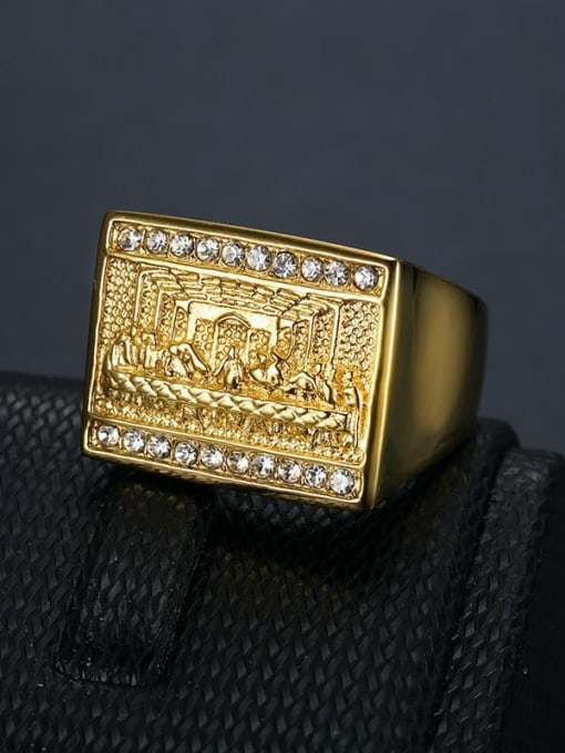Gold Titanium Steel Rhinestone Rectangle Hip Hop Band Ring For Men
