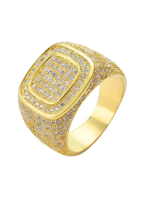 Gold Brass Cubic Zirconia Geometric Hip Hop Band Ring