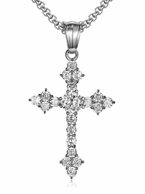 Silver Necklace Titanium Rhinestone Cross Hip Hop Regligious Necklace For Men