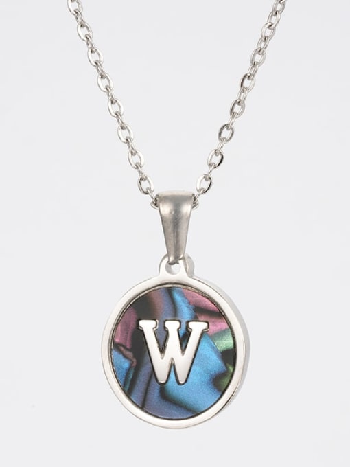 Steel color shell w Stainless steel Shell Letter Minimalist  Round Pendant Necklace