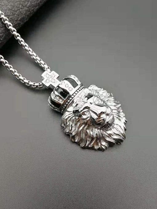 HI HOP Titanium Rhinestone Lion Crown Hip Hop Necklace For Men 2